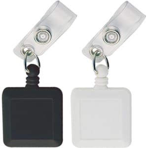 A black and a white badge holder with clips for fast attachment, featuring a simple square shape.