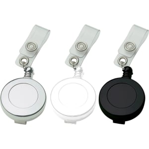A set of three badge holders in silver, white, and black, featuring retractable reels and clips for secure attachment.