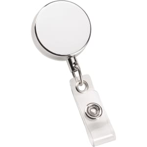 A shiny silver metal zip pull badge reel with a clip for attachment.