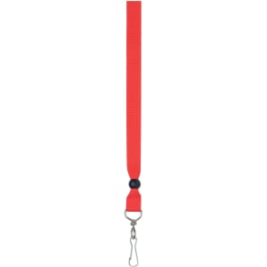 A red ribbon lanyard with a black safety breakaway and a metal clip at the end.