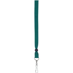 A green ribbon lanyard featuring a plastic bead and a metal clip for attachment.