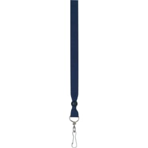 A navy ribbon lanyard with a clip and a round neck piece, designed for holding identification or badges.