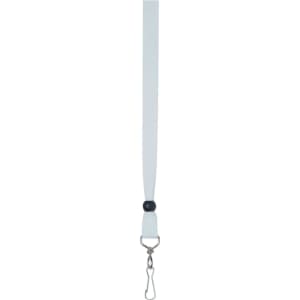A white ribbon lanyard with a black bead and a metal clip for attachment.