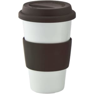 A ceramic coffee mug in white with a brown silicone lid and sleeve. Features branding on the lid.