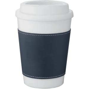 A drink bottle with a white body and a blue sleeve, featuring a logo. Ideal for keeping beverages warm.