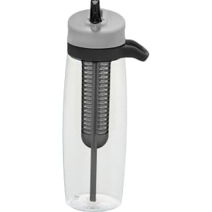 A drink bottle in black and clear, featuring a built-in infuser and a grey lid with a straw.