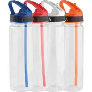 A drink bottle set featuring four clear bottles with coloured caps: blue, red, white, and orange, each with a straw.