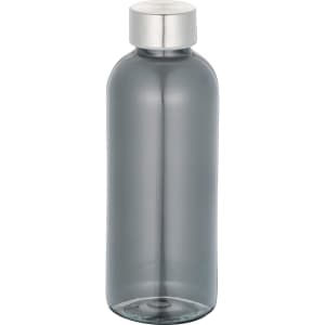 A drink bottle in grey with a silver lid, featuring a simple design and a visible logo.