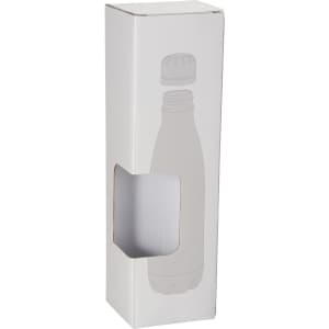 A white craft gift box with a cut-out section, designed for a drink bottle, featuring a simple logo.