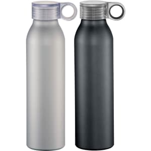A drink bottle featuring a matte silver and matte black finish, with a clear loop cap and a logo.