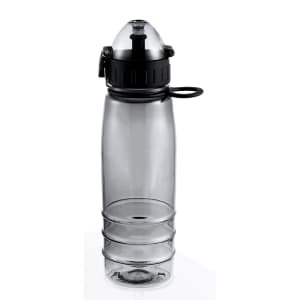 A drink bottle with a smoke-grey body, black lid, and flip-top spout. It includes a logo.