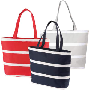 Three insulated cooler bags in red, navy, and grey, featuring horizontal white stripes and sturdy handles.