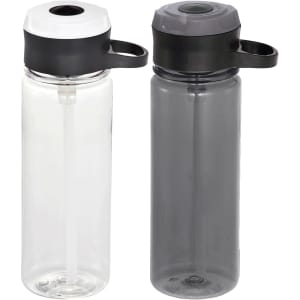 A drink bottle featuring a clear body with a black lid and a smoke grey version. Both have built-in straws and logos.