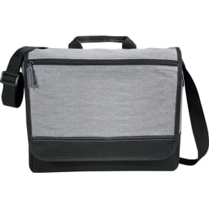 A grey tablet messenger bag featuring a front zip pocket and a black base, with an adjustable shoulder strap.