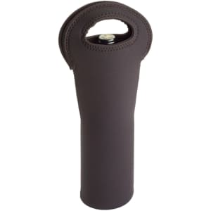 A drink bottle carrier in black neoprene, featuring a handle and a snug design for secure bottle transport.