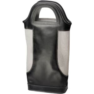 A two-bottle wine carrier in black with grey mesh sides, featuring a convenient handle and a sleek design.
