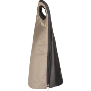 A drink bottle carrier with a sleek, two-tone design in black and metallic gold, featuring a zip and a handle.