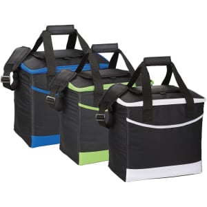 A set of three black coolers in blue, green, and white accents, each with dual handles and a zippered lid.