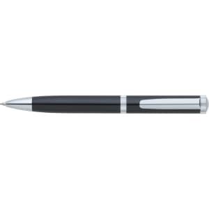 A sleek black metal ball pen with chrome accents and a logo on the body.
