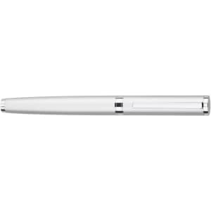 A metal roller ball pen in silver and chrome finish, featuring a sleek design and a clip for easy attachment.