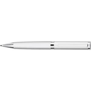 A silver metal ballpoint pen with a polished finish and a clip, featuring a logo.