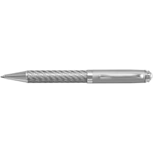 A silver ballpoint pen featuring a carbon fibre grip and a sleek metal barrel, complete with a clip and branding.