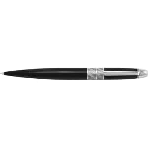 A black metal twist action ballpoint pen with a silver decorative band and a chrome tip. Features branding on the pen.