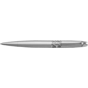A silver metal twist action ballpoint pen with a decorative mid-section and a polished finish. Features a logo.