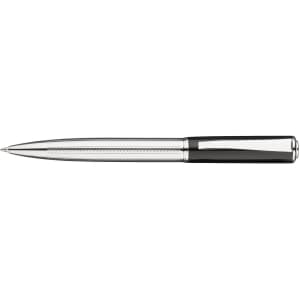 A metal ballpoint pen with a sleek black and silver design, featuring a logo on the barrel.
