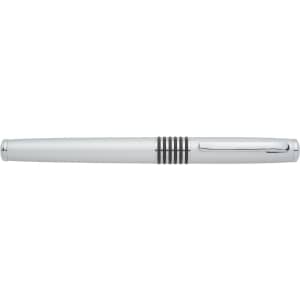 A silver metal roller ball pen featuring a textured grip and a sleek design. It includes a clip and branding.
