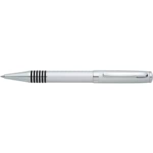 A silver metal ballpoint pen with a twist action mechanism and black grip band. It includes a clip for attachment.