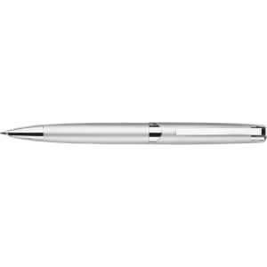 A metal ballpoint pen in silver with a twist action mechanism and a clip. Features a polished chrome tip.
