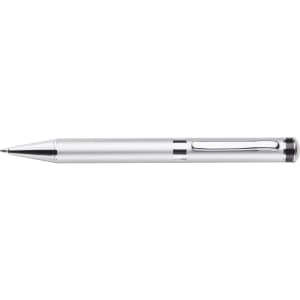 A silver twist action ballpoint pen with a sleek design and a clip, featuring a metallic finish.