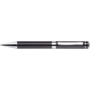 A black twist action ballpoint pen with silver accents and a sleek metal design. It features a branding logo.