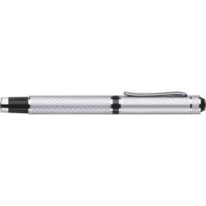 A silver metal roller ball pen with a textured grip and a clip, featuring a black tip.