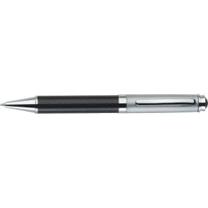 A carbon fibre ballpoint pen featuring a chrome finish and sleek design, with a logo on the side.