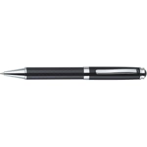 A carbon fibre ballpoint pen featuring a sleek black design with chrome accents and a logo.
