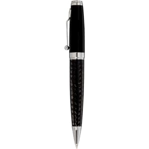 A black ballpoint pen with a metallic finish and a braided texture, featuring a clip and a logo.