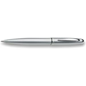A silver ballpoint pen with a sleek metal design and a clip on the side.