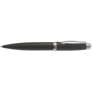 A black twist action ballpoint pen with a silver clip and detailing, featuring a sleek metal design.