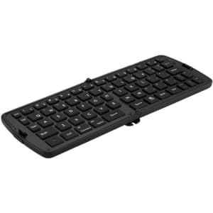 A black Bluetooth folding keyboard with a compact design and standard key layout. It features a logo.