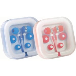 Earbuds in blue and red cases, each with additional ear tips, presented in a clear plastic organiser.