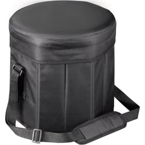 A padded, round, black cooler seat with a handle and adjustable strap. It features vertical panels on the side.