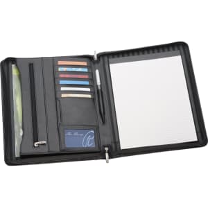 A4 leather compendium in black featuring card slots, a pen holder, and a notepad section. Has a logo on the interior.