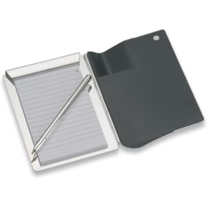 A silver pen and lined notepad sit inside a black pocket notebook. The notebook has a foldable cover and a logo.