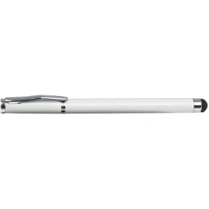 A white stylus pen with a metallic clip and a soft tip for touchscreen use. It features a shiny silver accent.