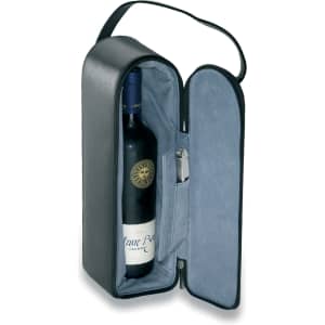 A drink bottle wine carrier in black with a soft blue interior and a pocket for accessories. Features a zip closure and strap.