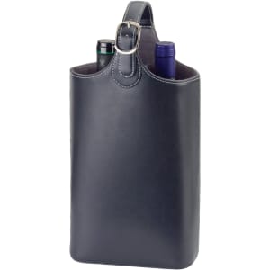 A bonded leather wine carrier in black, featuring a handle and holding two wine bottles. It has a logo.