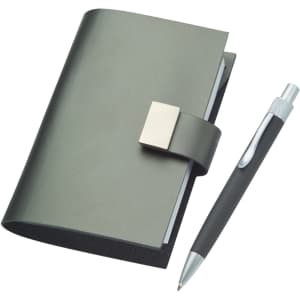 A dark green split leather jotter with a silver clasp, accompanied by a matching pen.