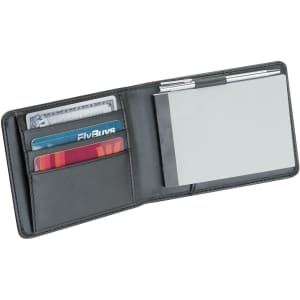 A black notepad card holder with slots for cards and a blank notepad section. Features a sleek design.